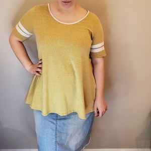 LuLaRoe Perfect Tee Yellow White Sleeve Stripe L